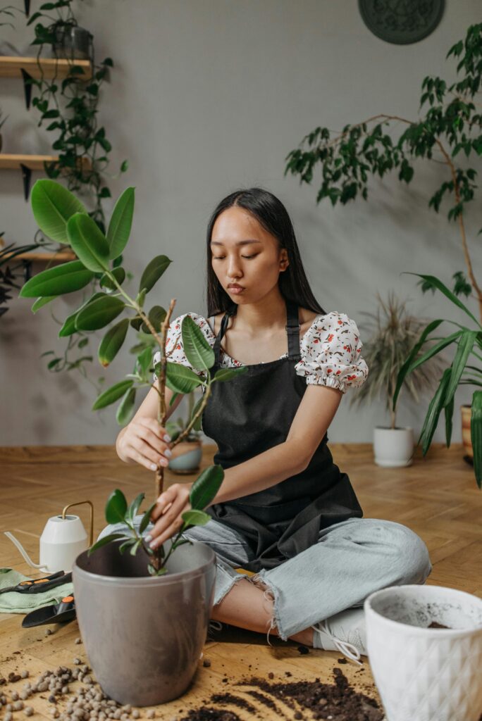 Asian woman caring for houseplants, engaged in indoor gardening activities in a cozy room.